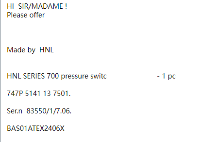 【询价】船用配件采购—HNL压力开关（CK-J20230823-01）询价-泰州昌宽社区-报价采购-船用采购网-船舶物料采购-船务服务-一站式船用设备供应服务