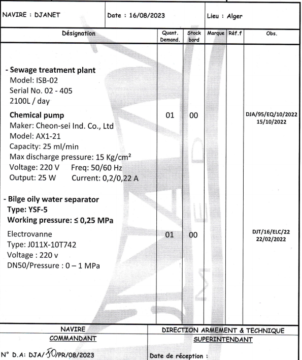 【询价】船用配件采购—化工泵/分离器（CK-Z20230817-01）询价-泰州昌宽社区-报价采购-船用采购网-船舶物料采购-船务服务-一站式船用设备供应服务