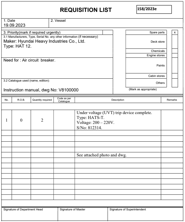 【询价】船用配件采购—欠电压（UVT）跳闸装置（CK-J20230926-04）询价-泰州昌宽社区-报价采购-船用采购网-船舶物料采购-船务服务-一站式船用设备供应服务