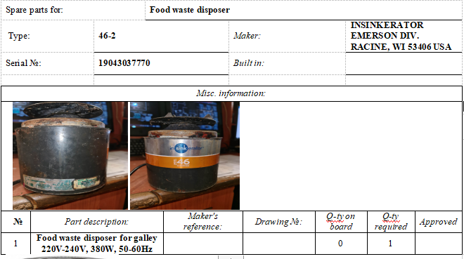 【询价】船舶备件—厨房用食物垃圾处理器（CK-J20240301-07）询价-泰州昌宽社区-报价采购-船用采购网-船舶物料采购-船务服务-一站式船用设备供应服务