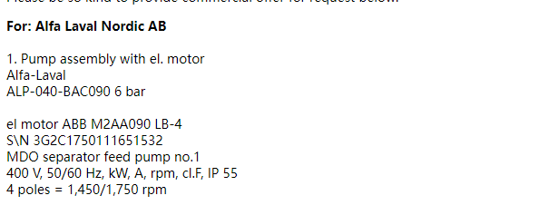 【询价】船舶备件—ALFA带电动机的泵组件（CK-R20240419-07）询价-泰州昌宽社区-报价采购-船用采购网-船舶物料采购-船务服务-一站式船用设备供应服务