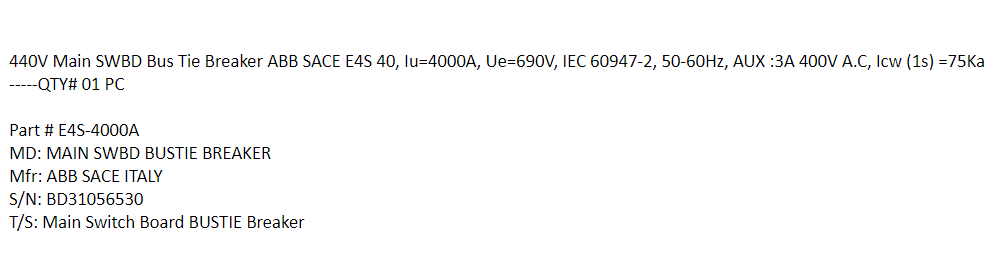 【询价】船舶备件—ABB主母线开关（CK-J20240401-15）询价-泰州昌宽社区-报价采购-船用采购网-船舶物料采购-船务服务-一站式船用设备供应服务