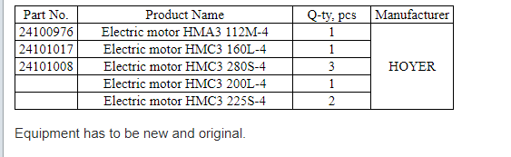 【询价】船舶备件—HOYER电动机（CK-L20241015-23）询价-泰州昌宽社区-报价采购-船用采购网-船舶物料采购-船务服务-一站式船用设备供应服务