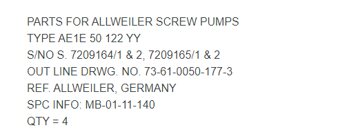 【询价】船舶备件—ALLWEILER螺杆泵零件（CK-Y20241107-04）询价-泰州昌宽社区-报价采购-船用采购网-船舶物料采购-船务服务-一站式船用设备供应服务