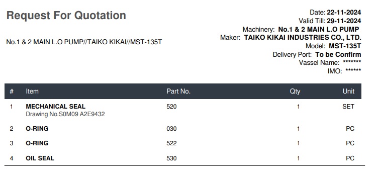 【询价】船舶备件—TAIKO备件（CK-20241125-16）询价-泰州昌宽社区-报价采购-船用采购网-船舶物料采购-船务服务-一站式船用设备供应服务